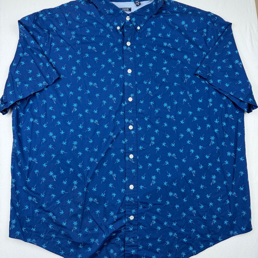 IZOD Mens 3XL Blue Palm Tree Short Sleeve Button Down Shirt Tropical Pocket